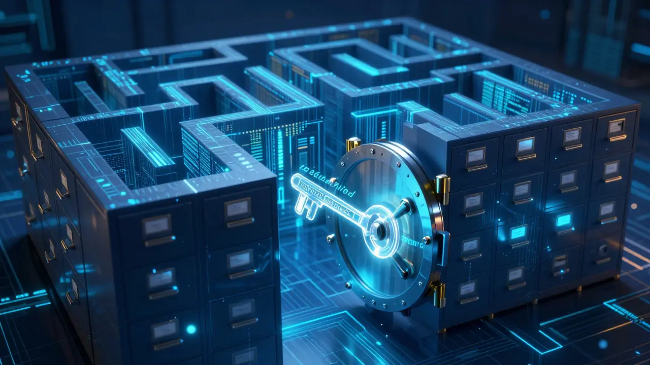 Konzeptuelle Darstellung eines digitalen Labyrinths aus Daten und Akten