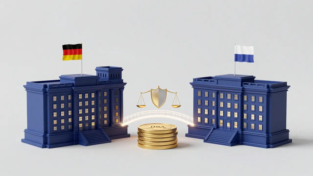 Konzeptuelle Darstellung eines Doppelbesteuerungsabkommens zwischen zwei Staaten.