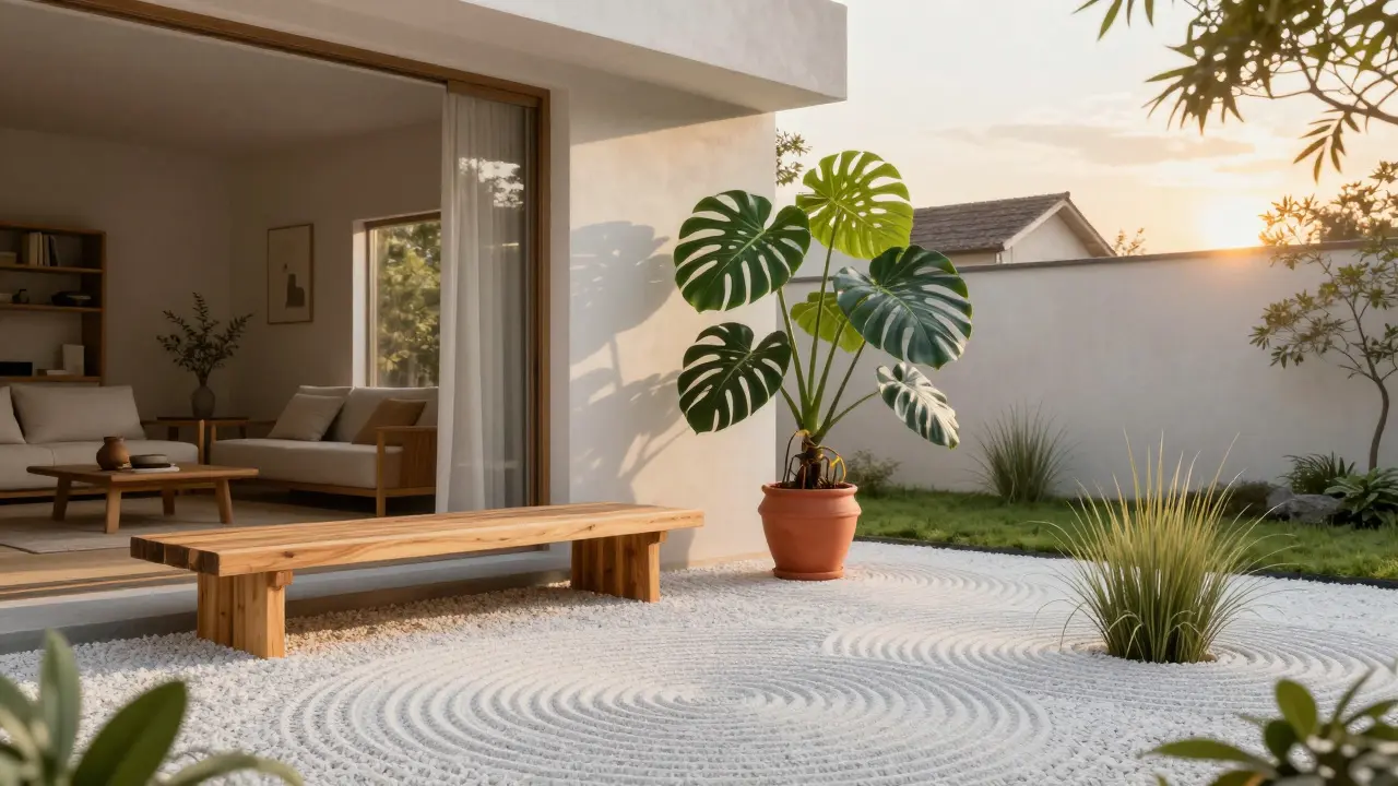 Moderner Japandi-Außenbereich mit Teakholzbank, Zen-Kiesgarten und einer Monstera-Pflanze.