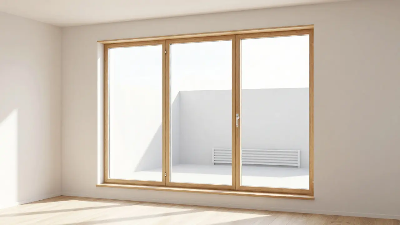 Modernes Wohnzimmer mit energieeffizienter Dreifachverglasung und hellem Tageslicht.