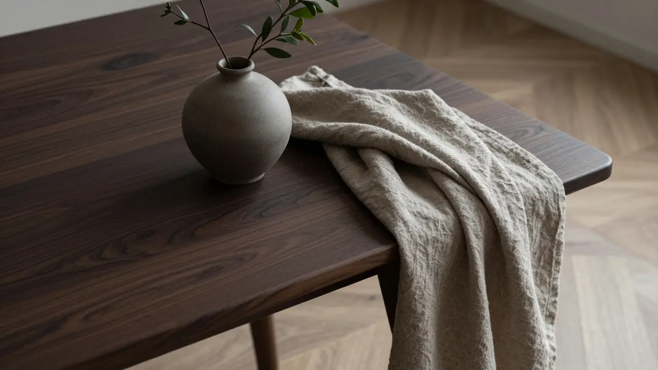 Nahaufnahme eines Walnusstisches mit handgefertigter Keramikvase und Leinentuch auf hellem Boden.