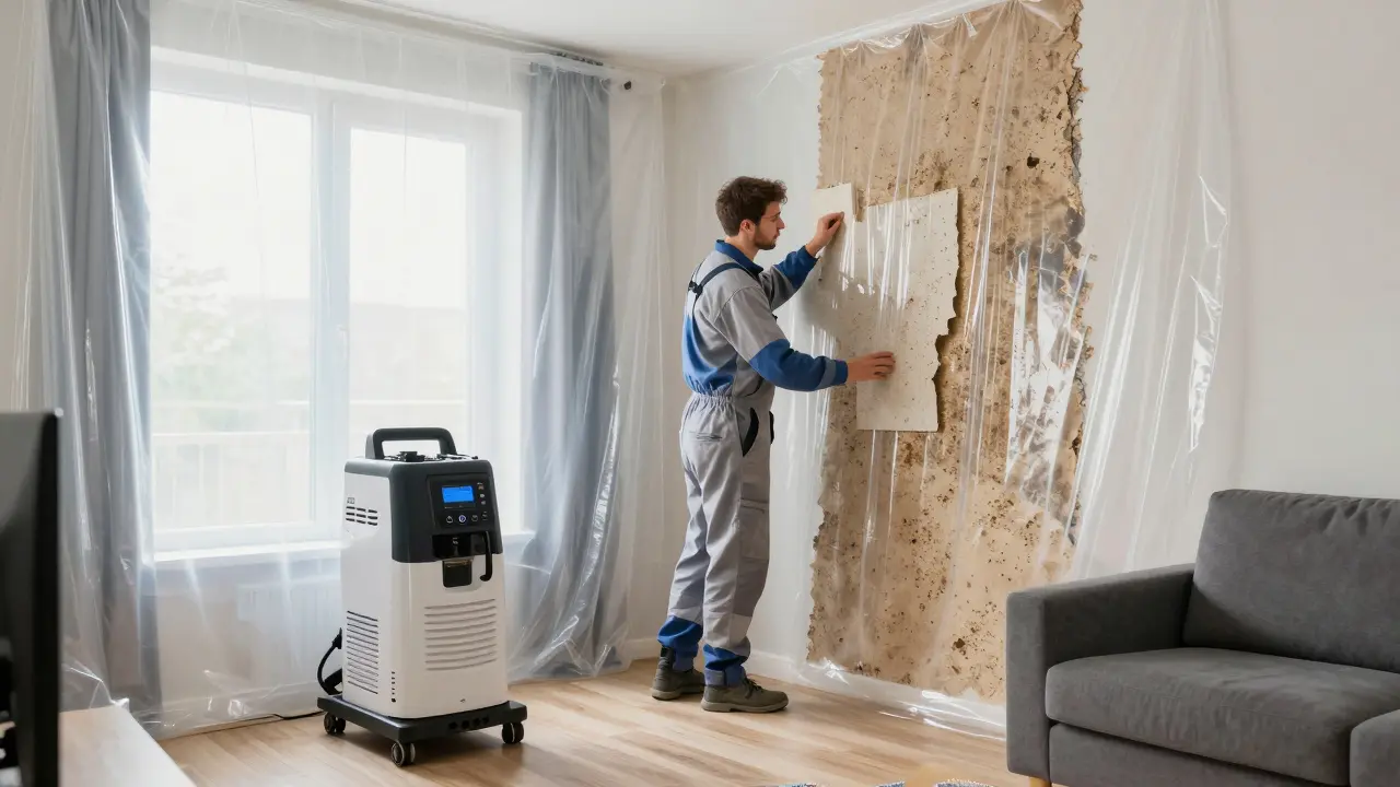 Professionelle Schimmelsanierung mit Absperrung und HEPA-Filtergerät in einem Raum.
