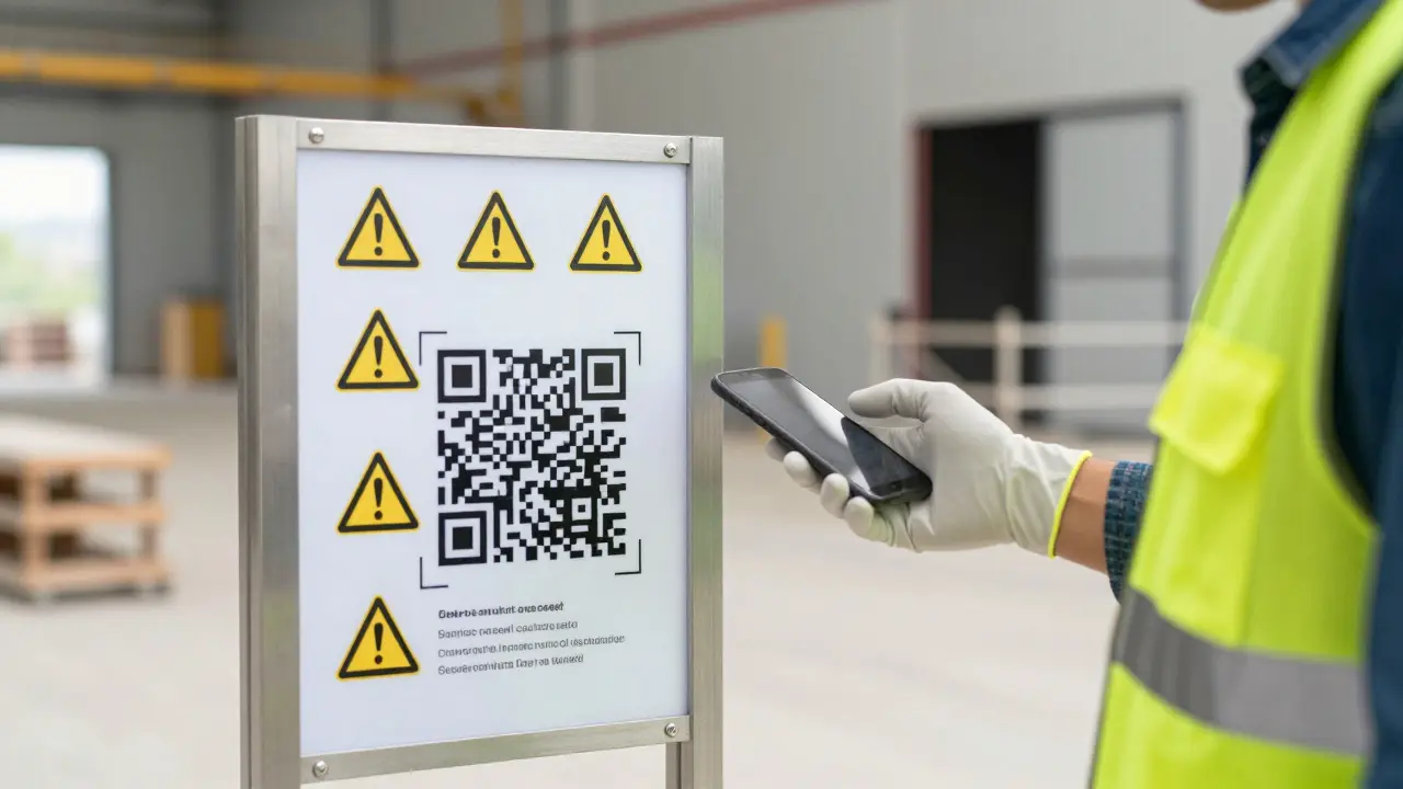 Sicherheitsstation auf einer Baustelle mit QR-Code und Checkliste für PSA.