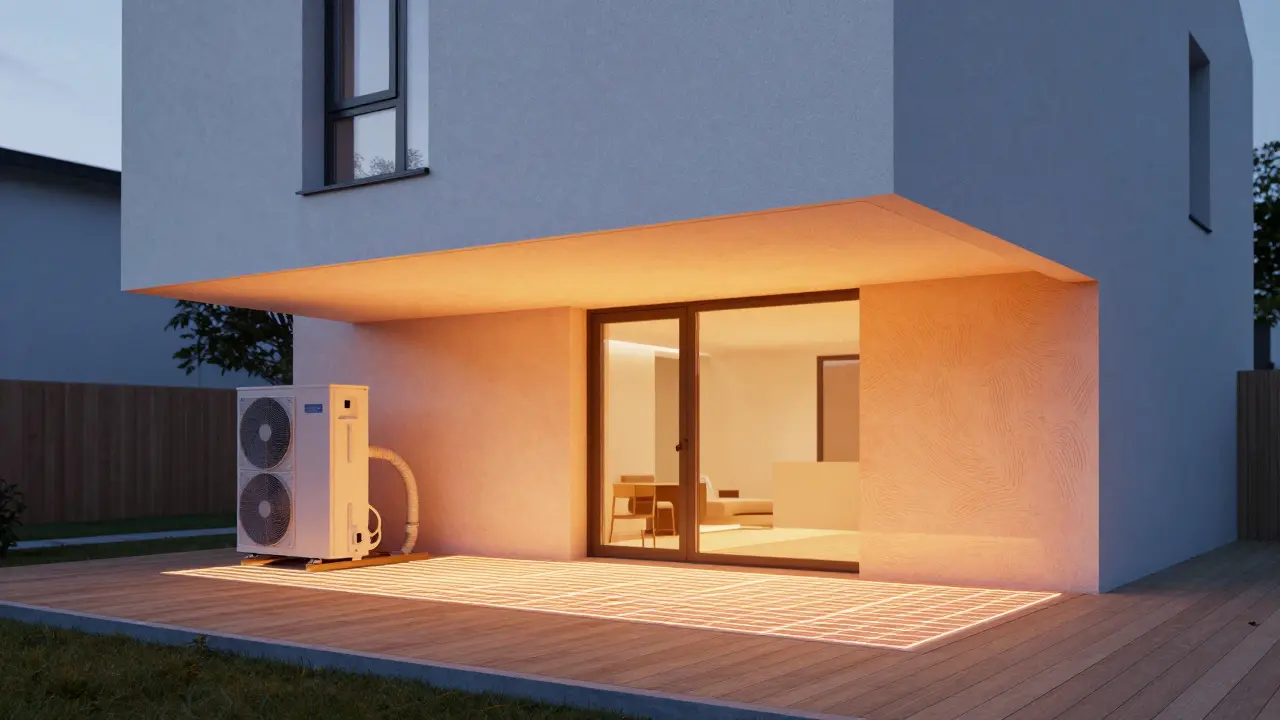 Technische Darstellung einer energetischen Sanierung mit Wärmepumpe und Dämmung.