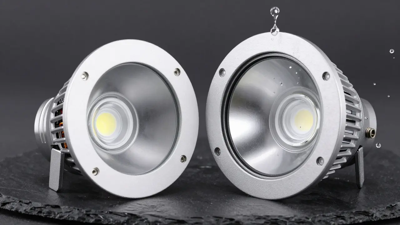 Vergleich einer einfachen LED-Leuchte mit einer wasserdichten IP68-Lampe.