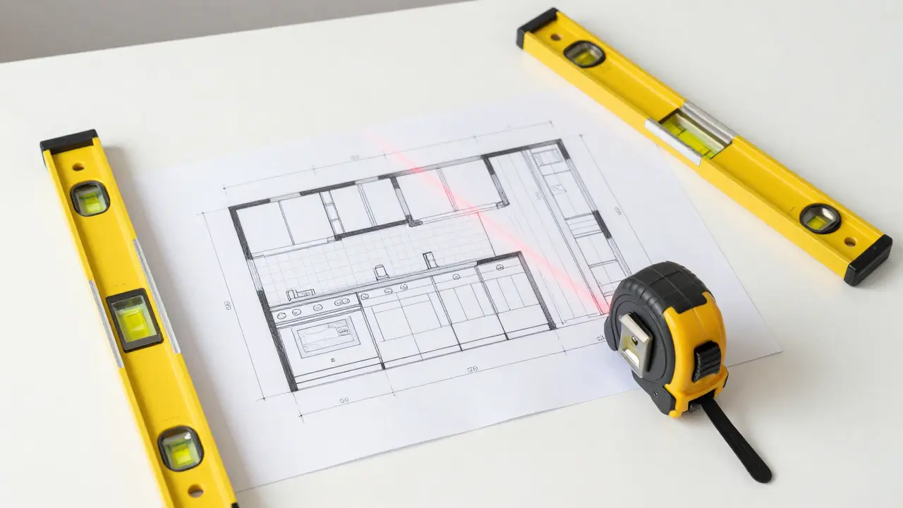 Werkzeuge für das Küchenaufmaß: Laser-Messgerät, Maßband und eine Raumskizze.