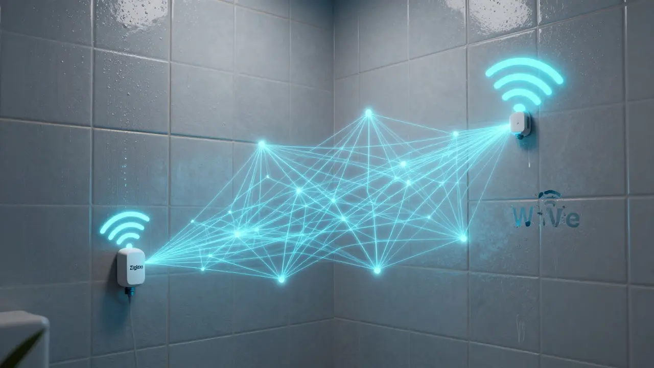 Abstrakte Darstellung von Funkprotokollen wie Zigbee in Fliesenwänden