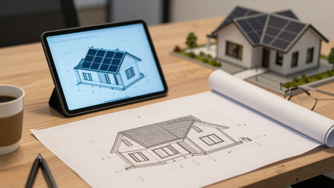 Architektenplan mit Solaranlagen-Entwurf am Schreibtisch