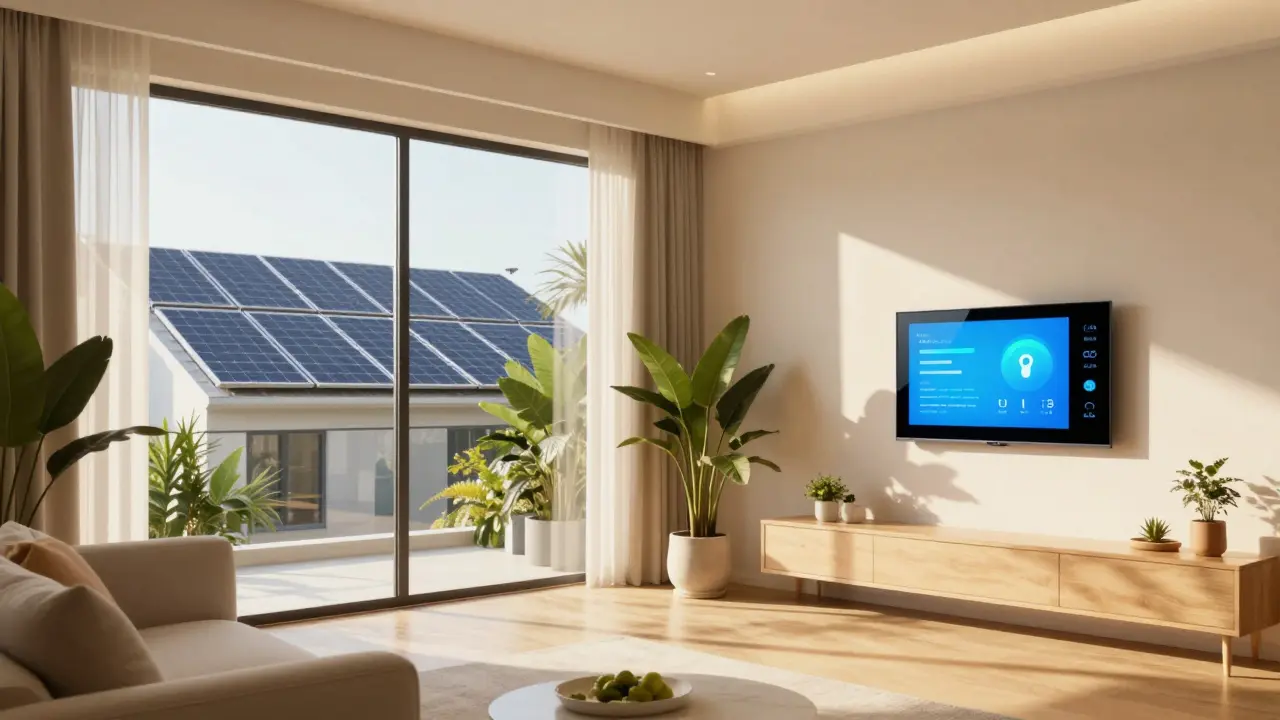 Bright eco-friendly apartment with solar panels visible