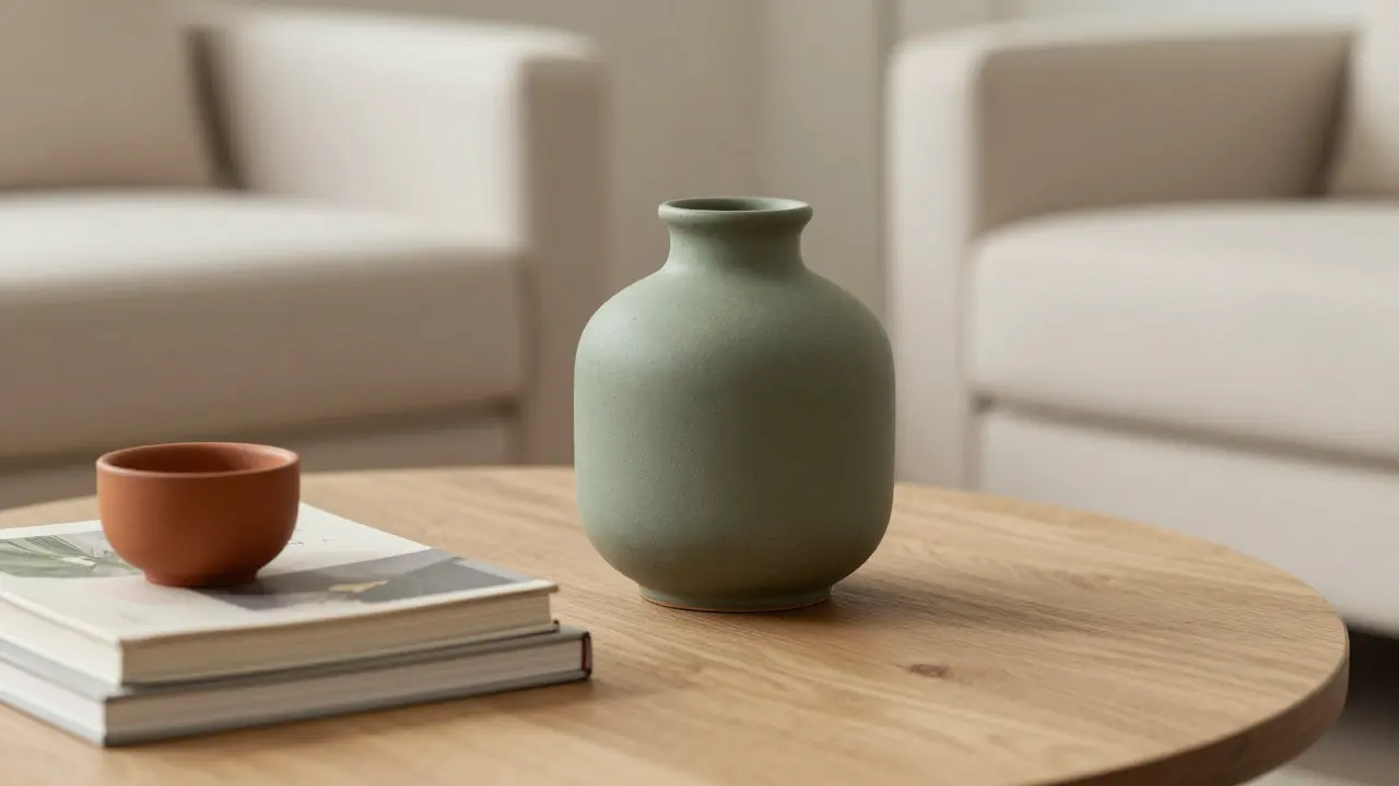 Deko-Objekte in Erdtönen auf einem Couchtisch