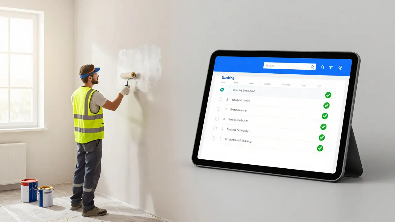 DIY-Arbeiten an einer Wand neben digitalem Genehmigungsformular