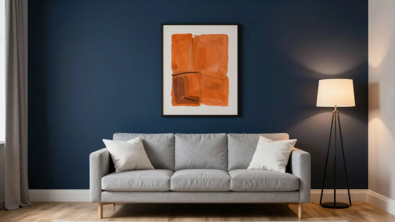 Dunkle blaue Akzentwand im Wohnzimmer mit hellem Sofa