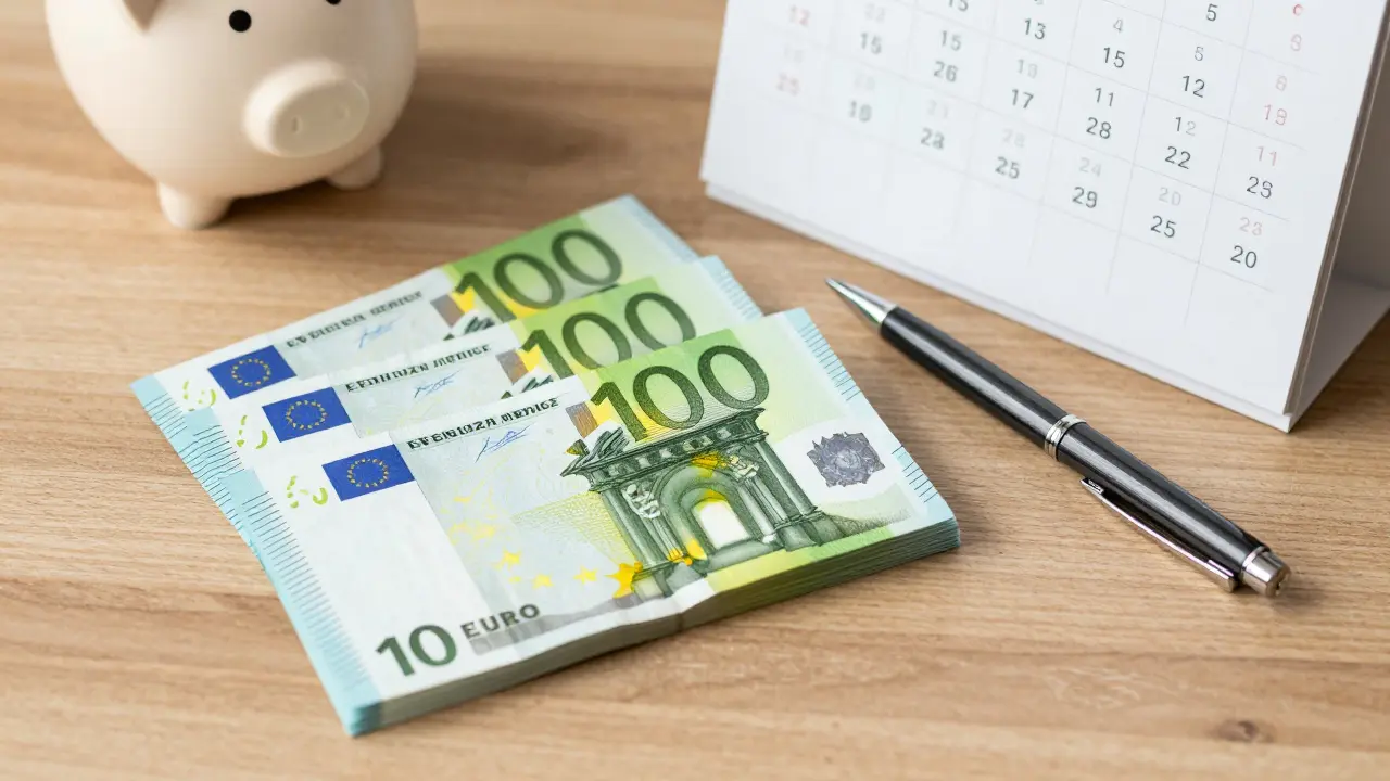 Euro-Banknoten und Kalender auf Schreibtisch