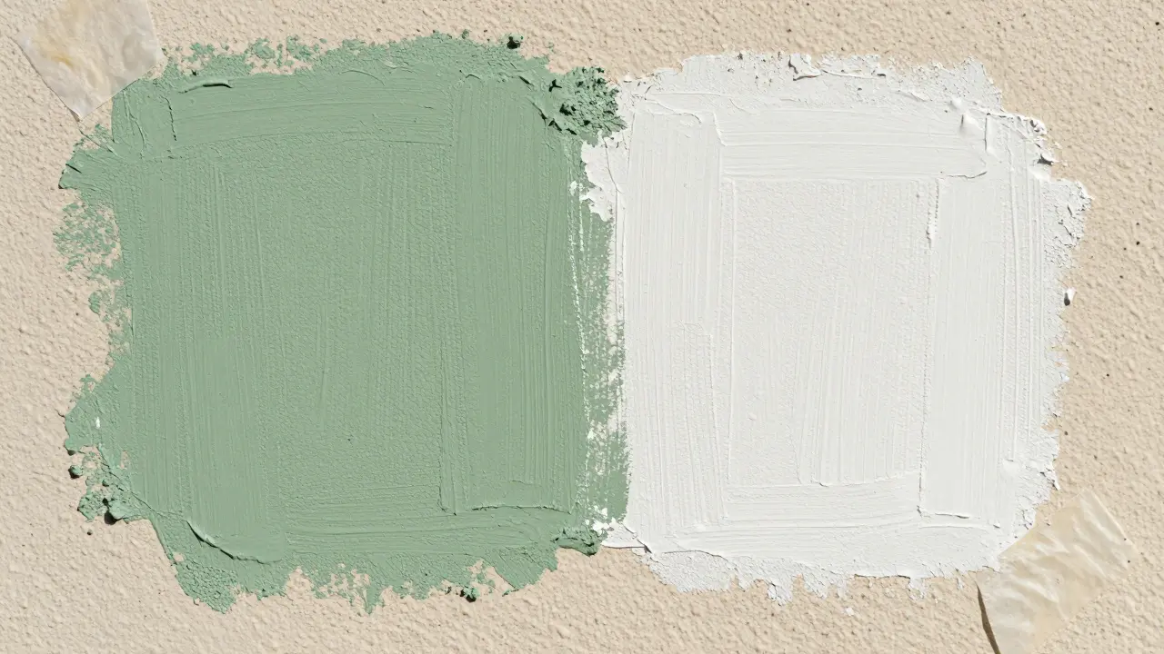 Farbtest auf Putzwand: Salbeigrün und Perlweiß im Vergleich
