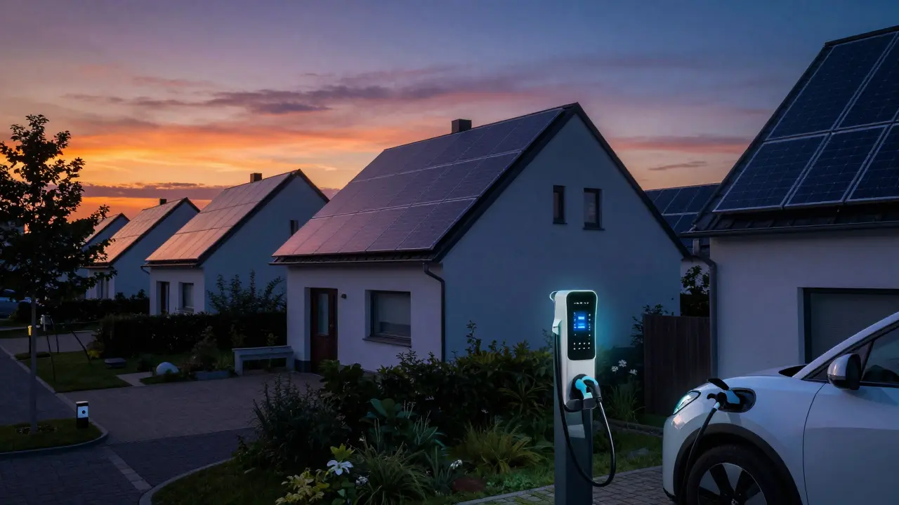 Haus mit Solaranlage und E-Auto-Ladestation bei Dämmerung
