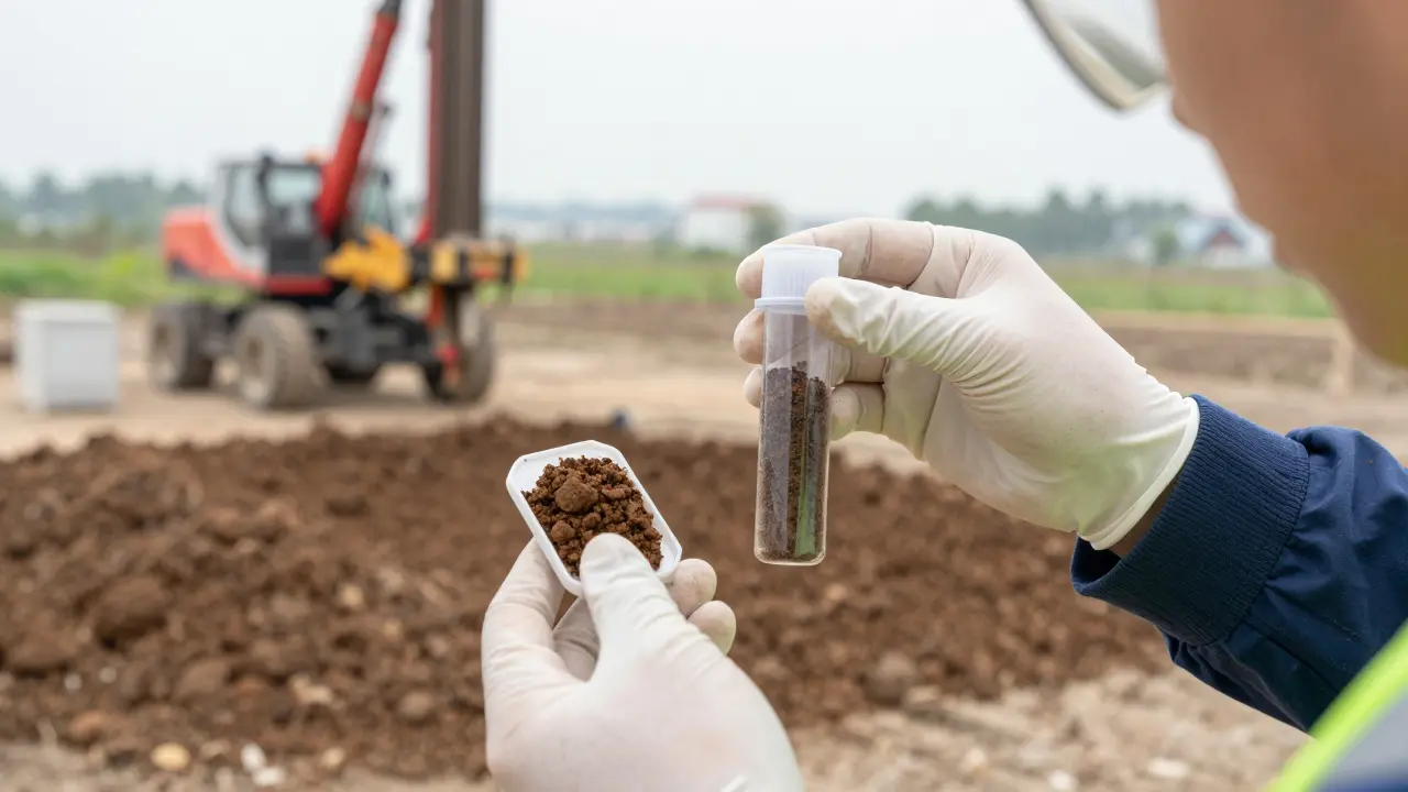 Ingenieur untersucht kontaminierte Bodenproben vor Bohrgerät