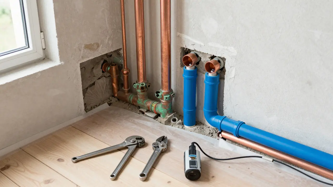 Installateur prüft alte und neue Wasserleitungen