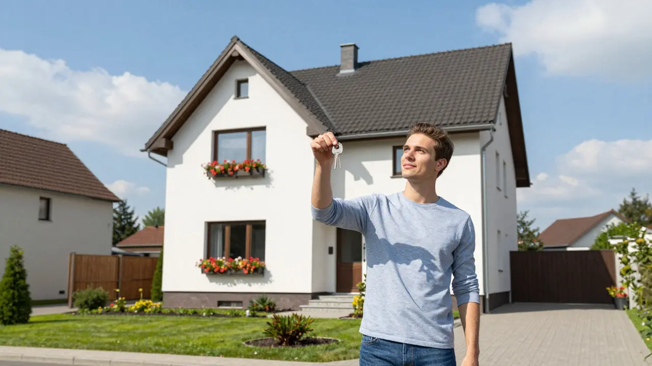 Junge Person mit Schlüssel vor einem Einfamilienhaus, Familienheim-Privileg
