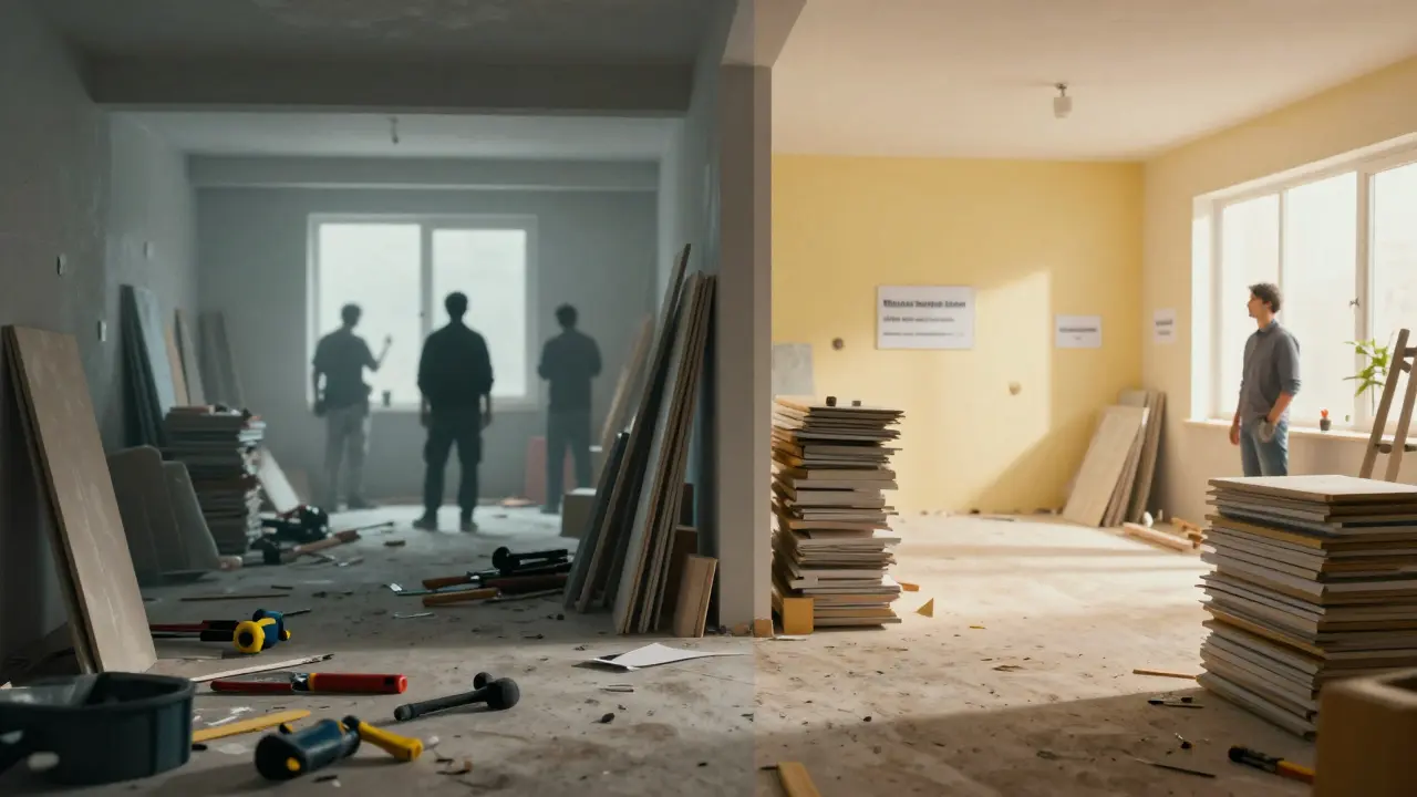 Kontrastbild zwischen chaotischer und organisierter Baustellenplanung
