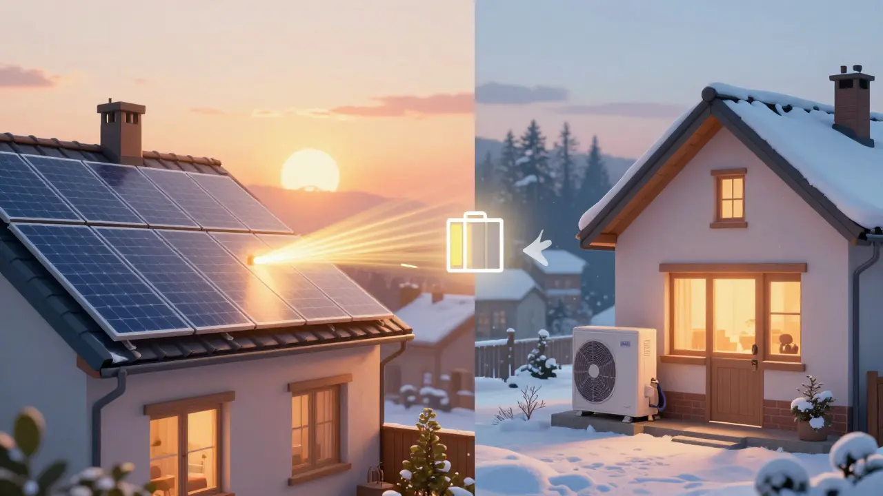 Konzeptbild: Sommerstrom speichert Energie für die Winterheizung