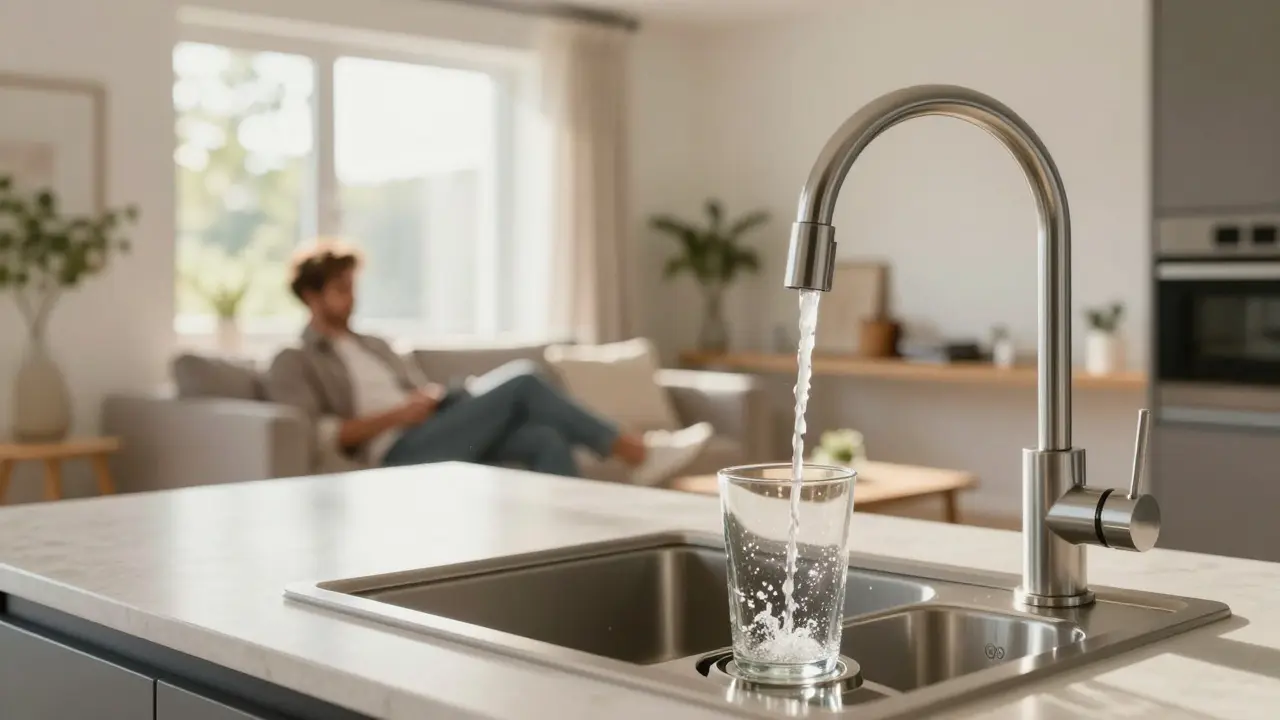 Kristallklares Wasser aus dem Hahn in einer modernen, ruhigen Küche