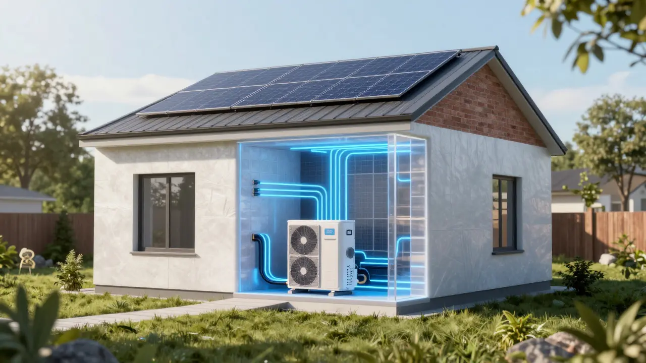 Modernes Haus mit Wärmepumpe, Photovoltaik und Fassadendämmung