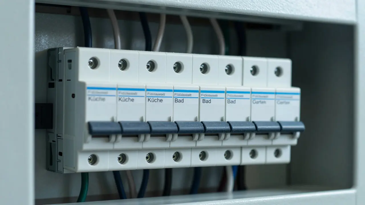 Nahaufnahme eines beschrifteten elektrischen Verteilers mit Sicherungen