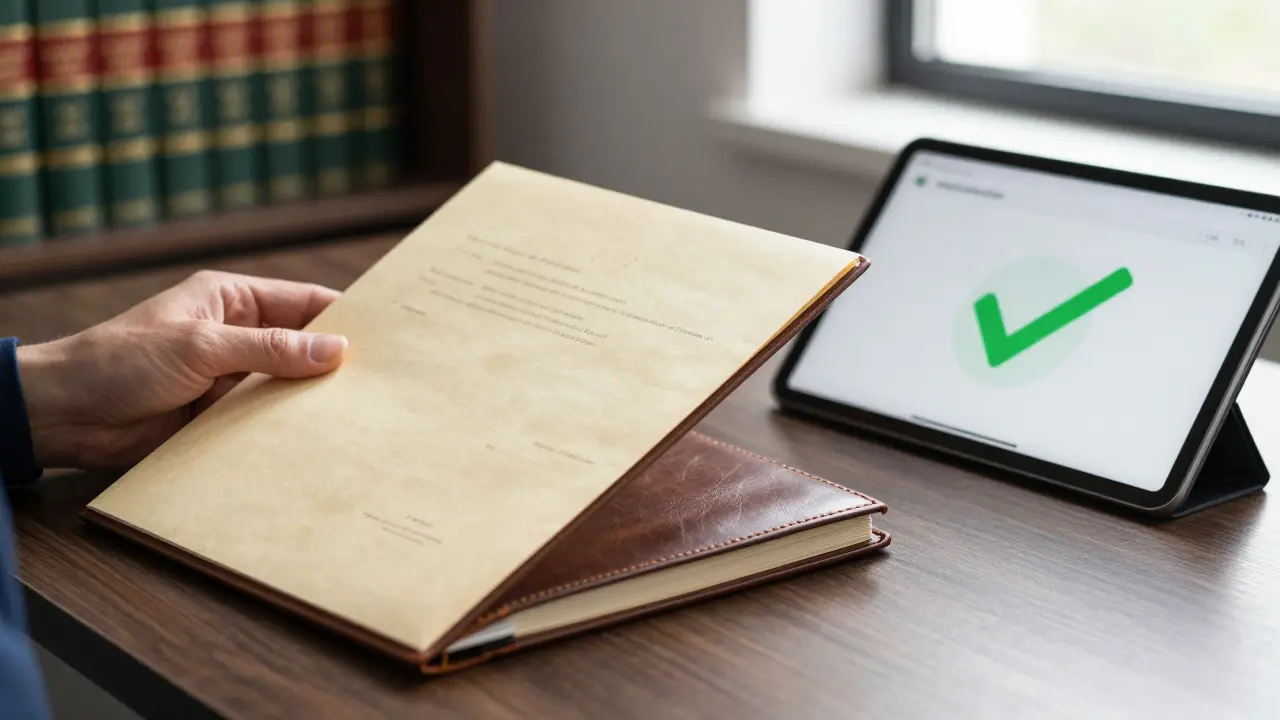 Notarische Urkunde und digitales Tablet auf einem professionellen Schreibtisch