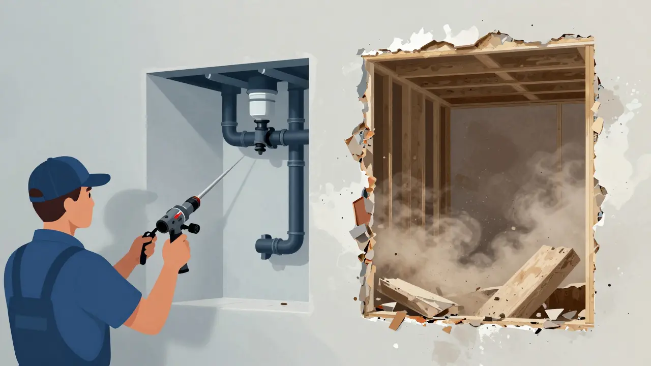 Schematische Darstellung der zerstörungsfreien Rohrsanierung ohne Wandabbruch