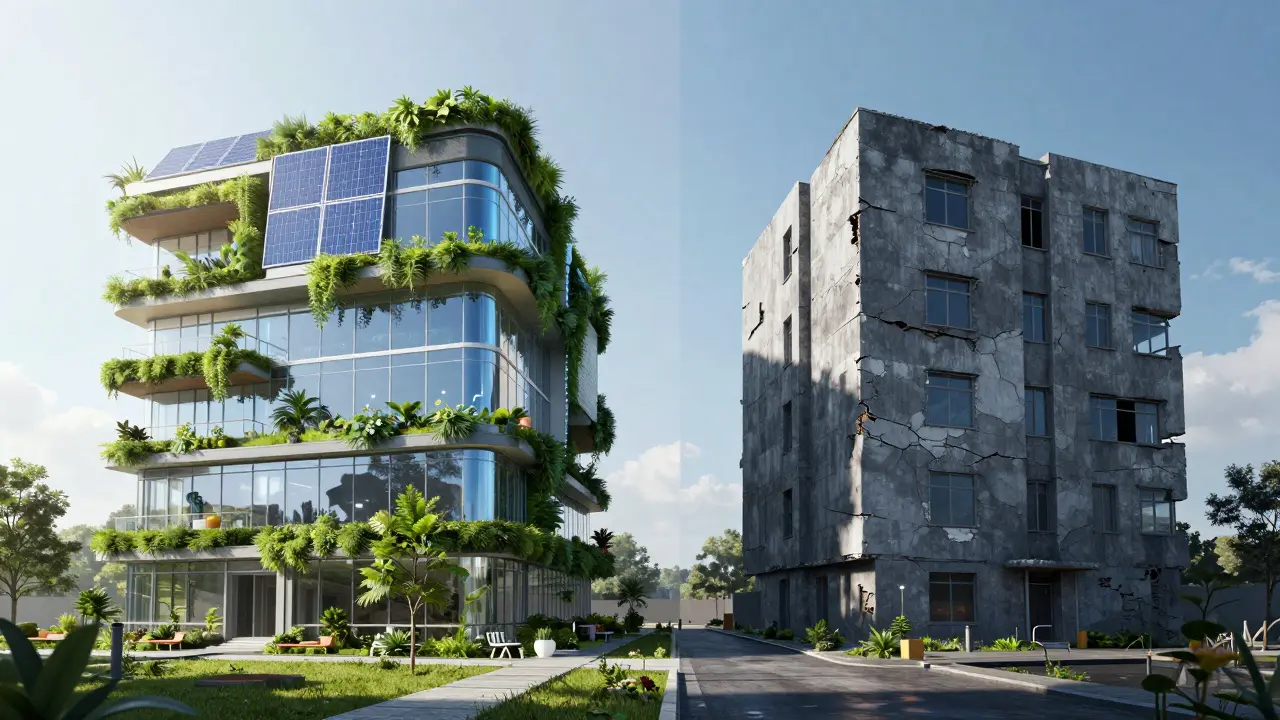 Vergleich energieeffizienter Zukunftshaus vs. veraltetem Gebäude ohne Dämmung