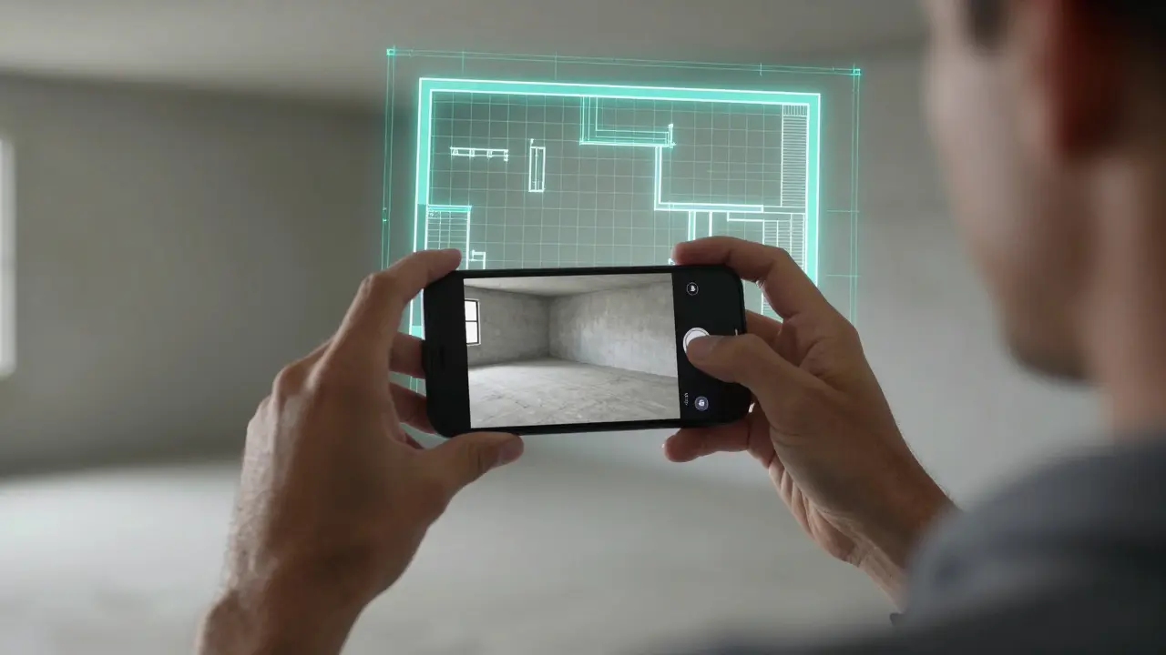 AR-App zeigt 3D-Grundriss-Overlay in einem leeren Raum
