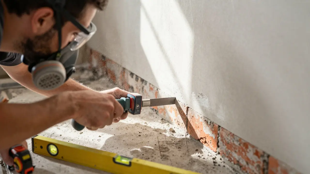 Arbeiter fräst Nuten in die Wand für neue Kabelverlegung