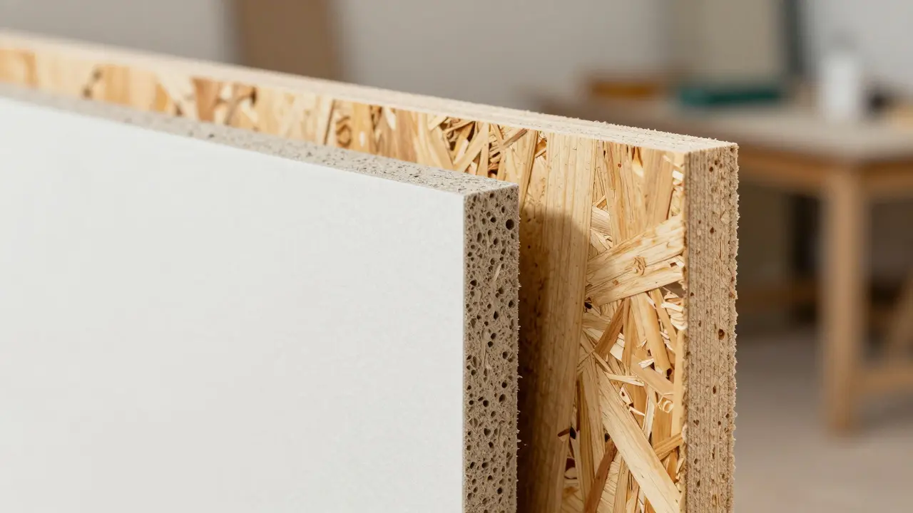 Detailaufnahme verschiedener Baustoffe: Gipskarton, Gipsfaser und OSB-Platten