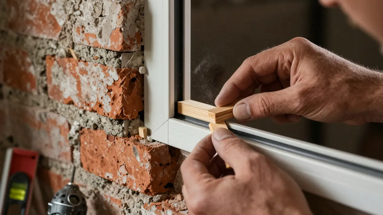 Handwerker montiert Fenster mit Keilen in einer unebenen alten Maueröffnung
