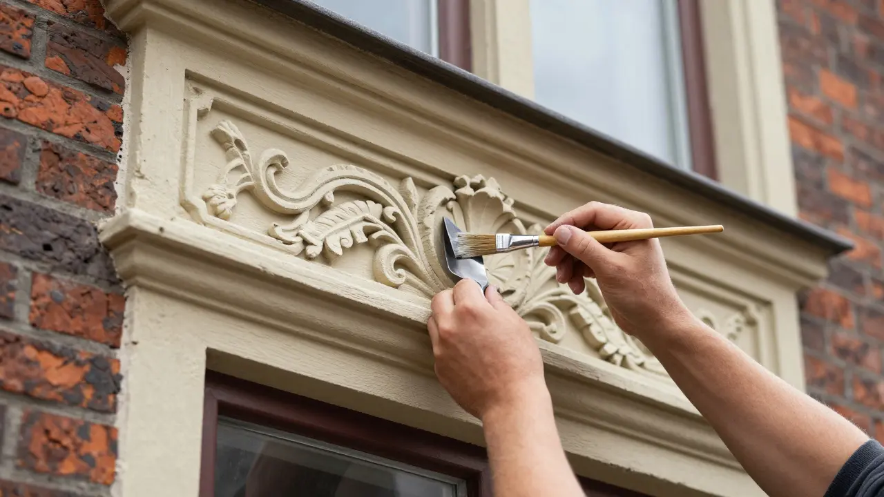 Handwerker repariert sorgfältig historische Fassade und Fenster
