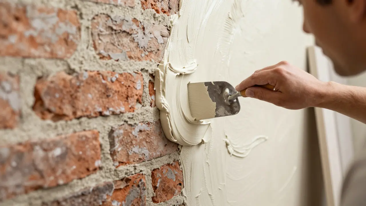 Handwerker trägt traditionellen Kalkputz auf eine alte Ziegelwand auf