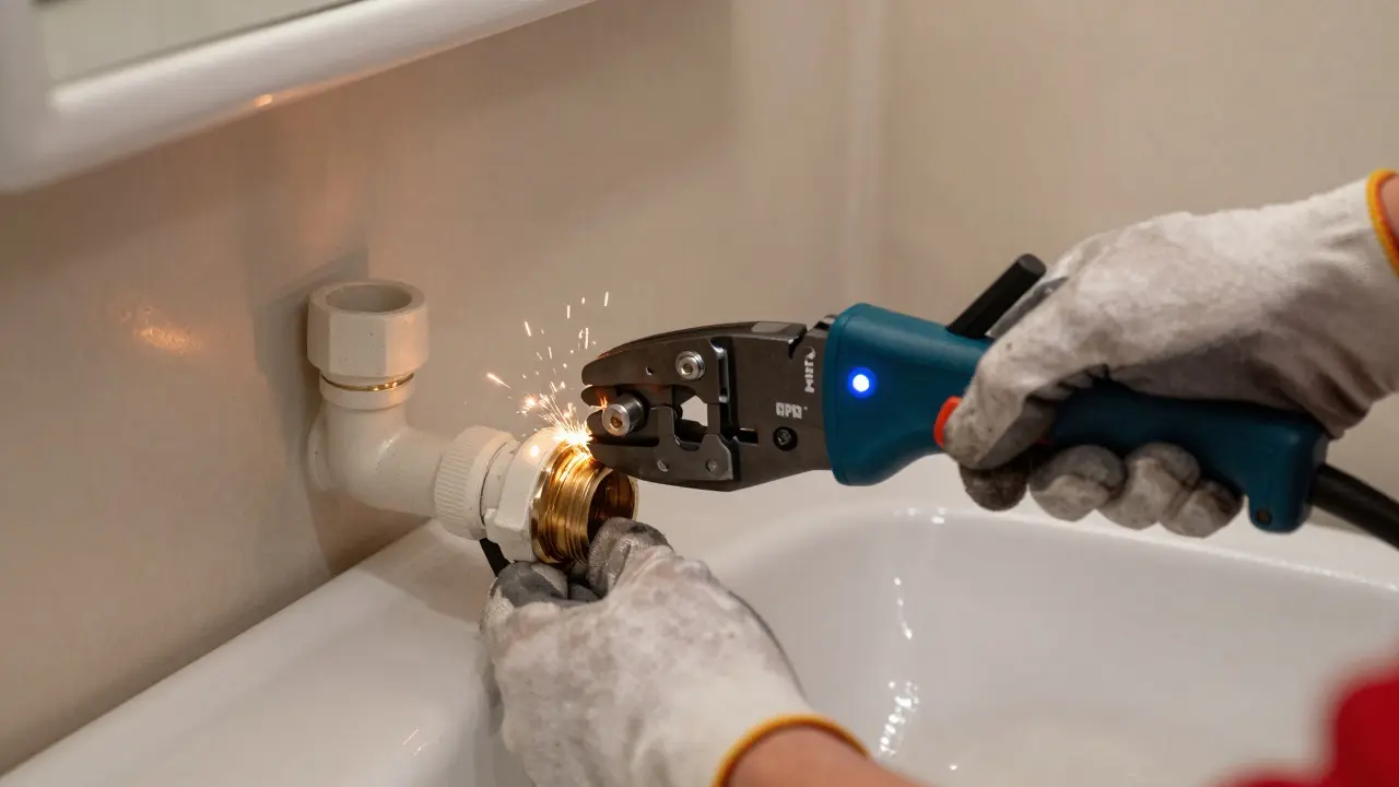 Installateur nutzt elektrohydraulische Presse in enger Ecke hinter einem Waschbecken