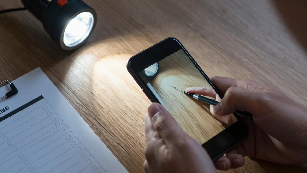 Nahaufnahme einer Bodenkratzer-Dokumentation mit Smartphone