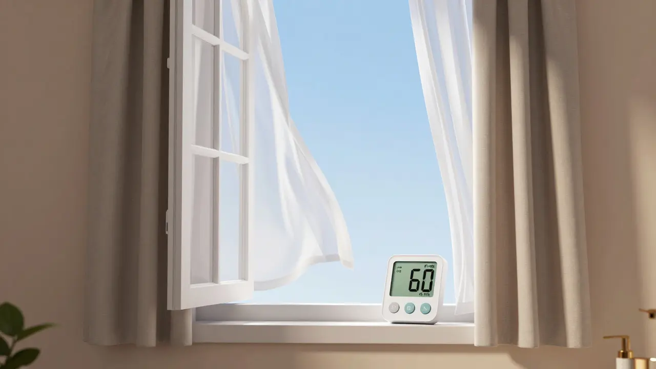 Offenes Fenster und Hygrometer für richtige Belüftung im Bad