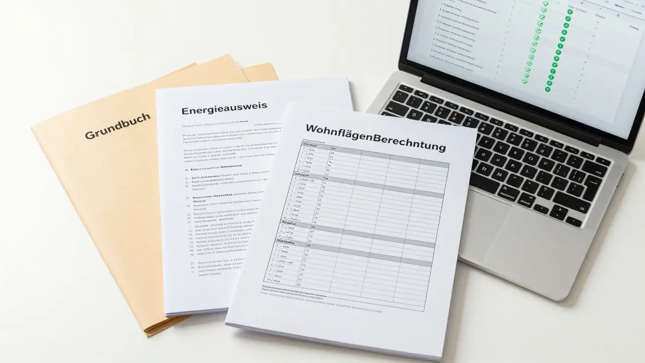 Ordnungsgemäße Akte mit Grundbuch und Energieausweis auf dem Schreibtisch