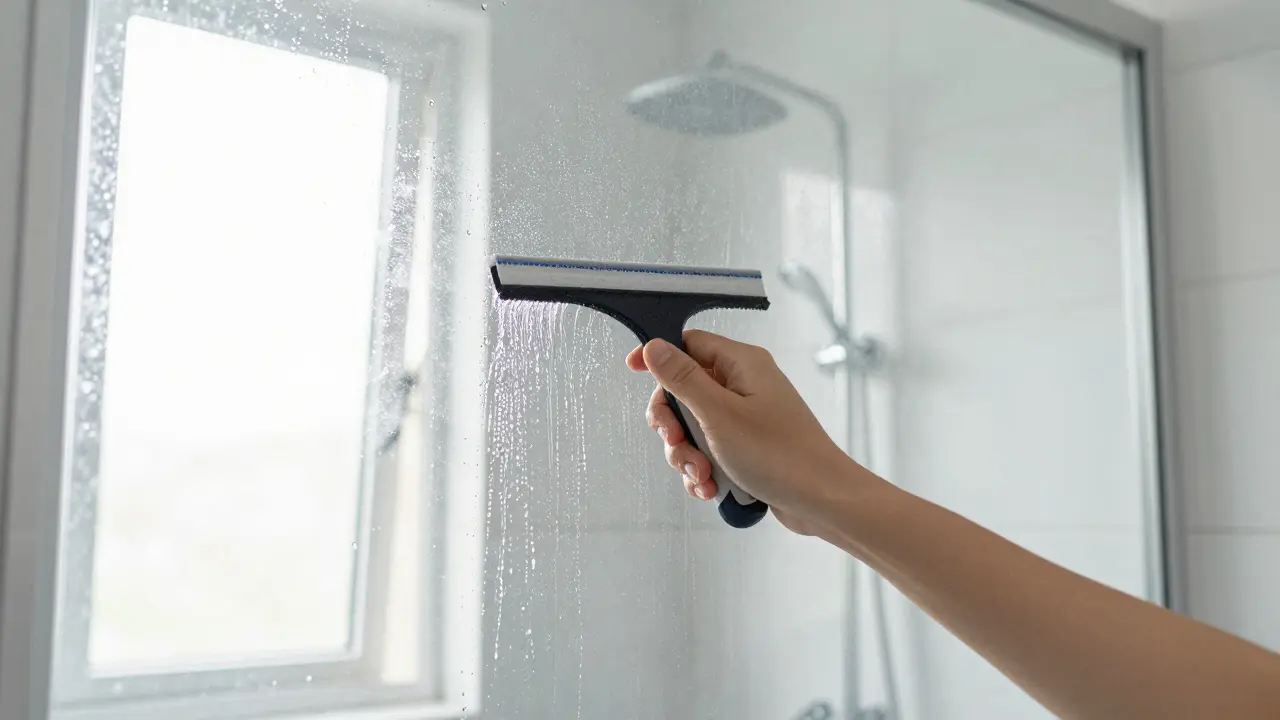 Person wischt Wasser mit einem Abzieher von der Duschwand
