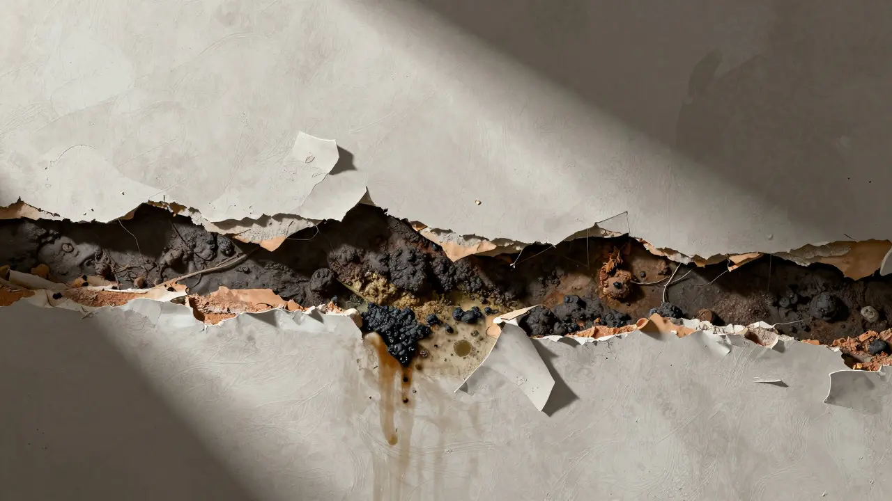 Querschnitt einer Wand zeigt versteckte Feuchtigkeit und Schimmel unter Putz