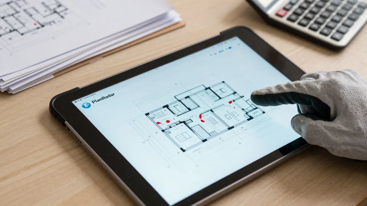 Tablet mit Bauplan und Mängelmarkierung neben Papierdokumenten