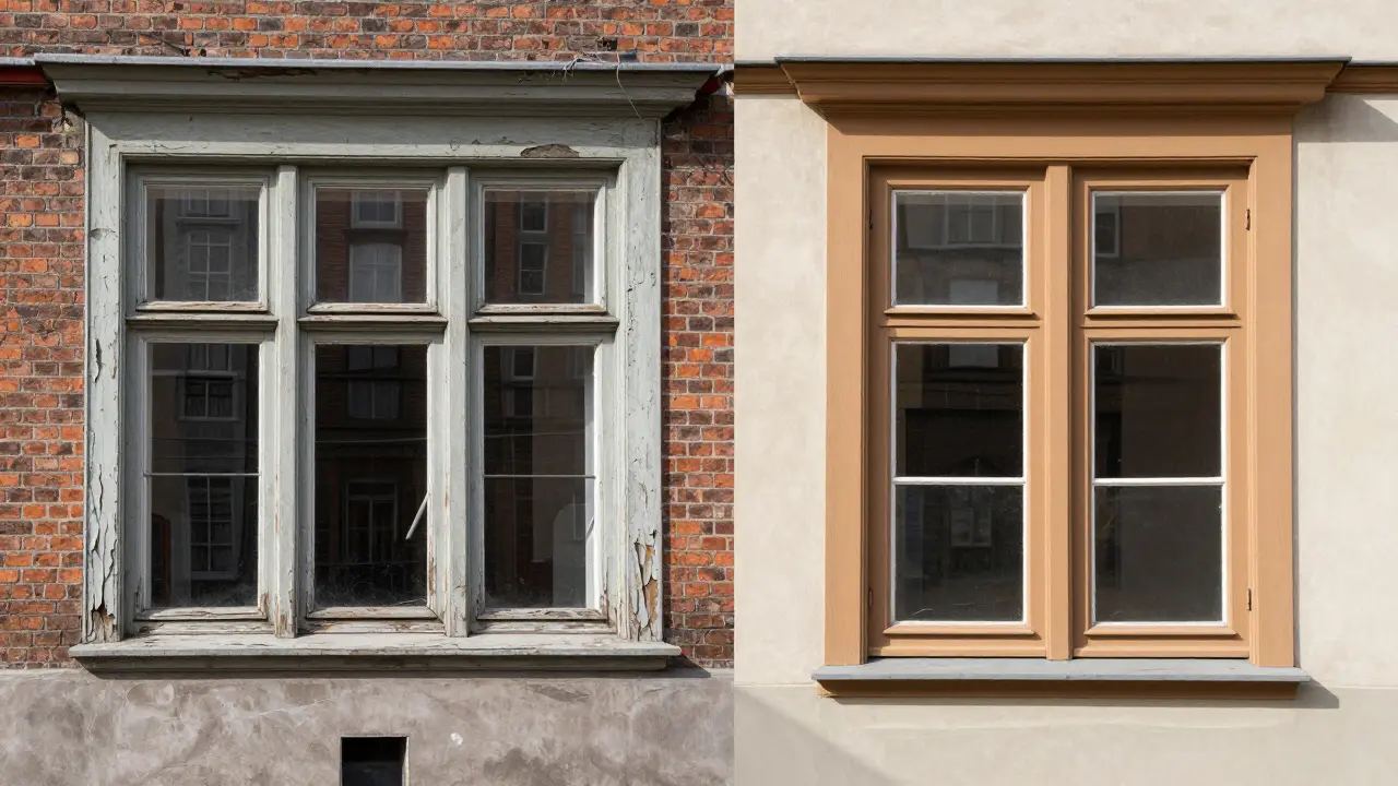 Vergleich restauriertes und verfallenes Denkmal-Kastenfenster an Fassade
