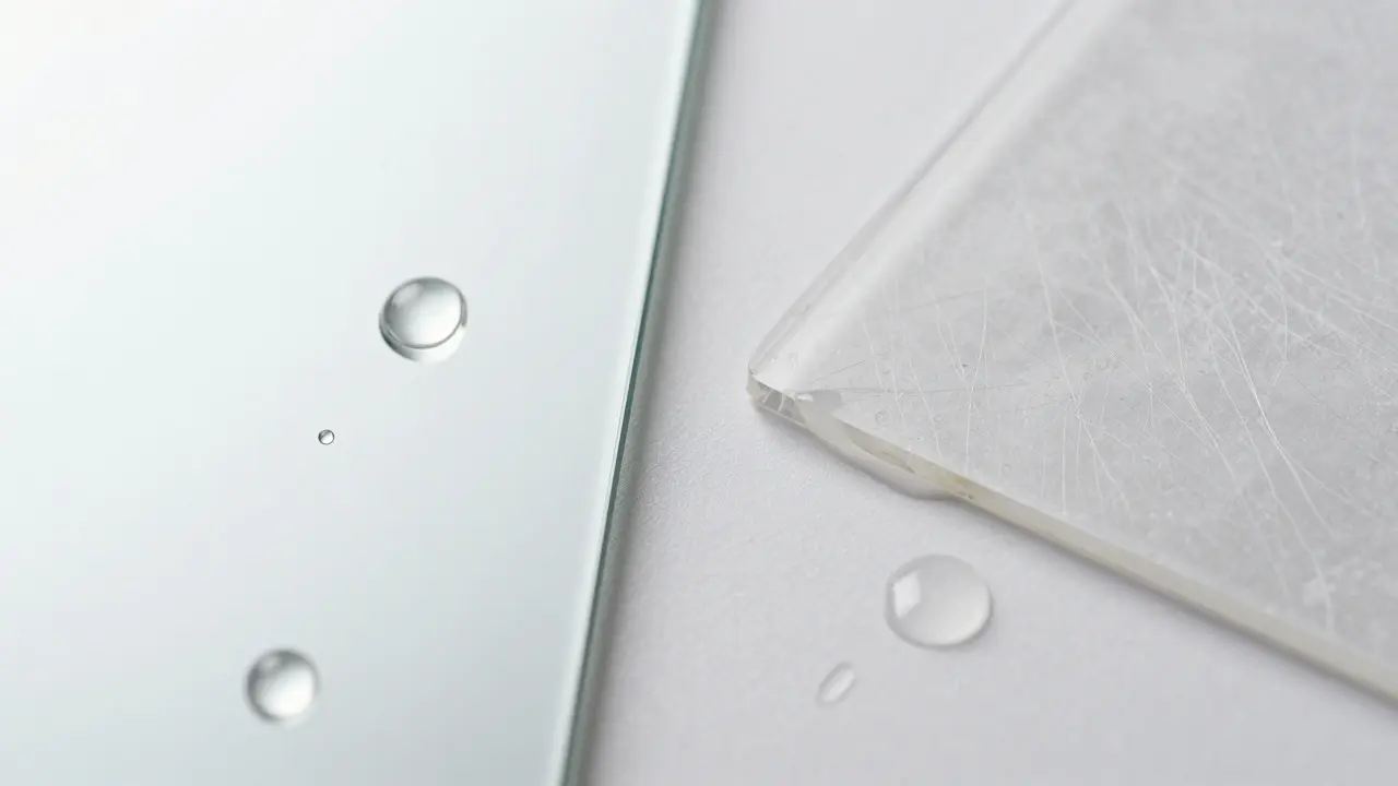 Vergleich von nano-beschichtetem Glas und kratzigem Kunststoff