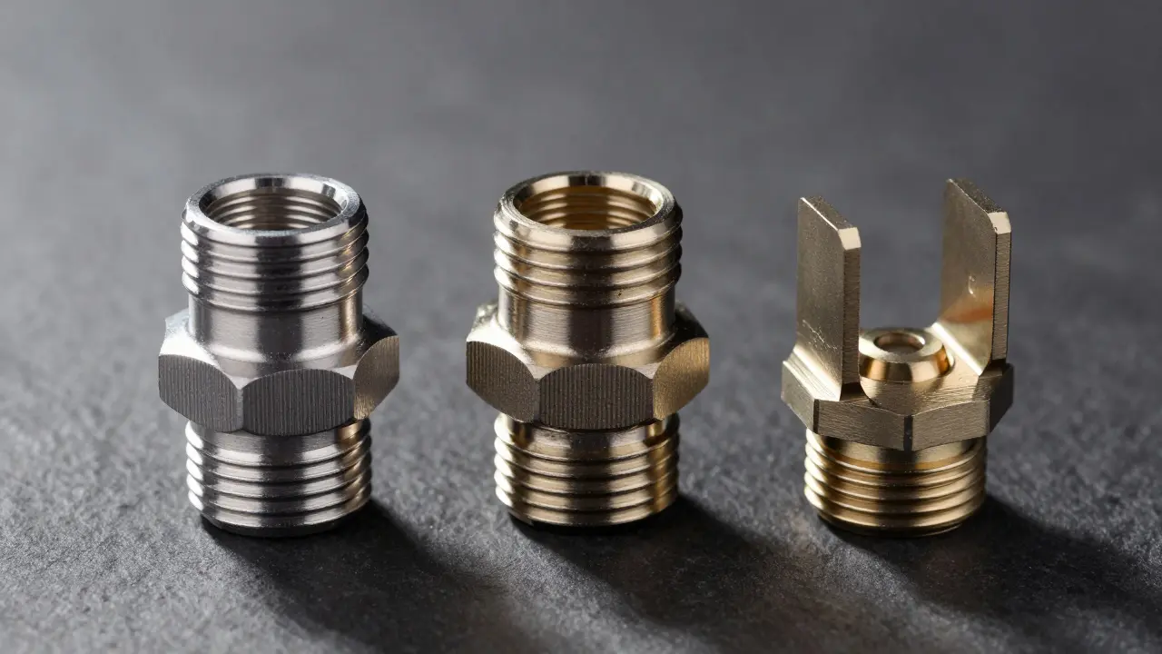 Vergleich von TH-, M- und U-Profil Pressfittings aus Metall auf dunklem Untergrund