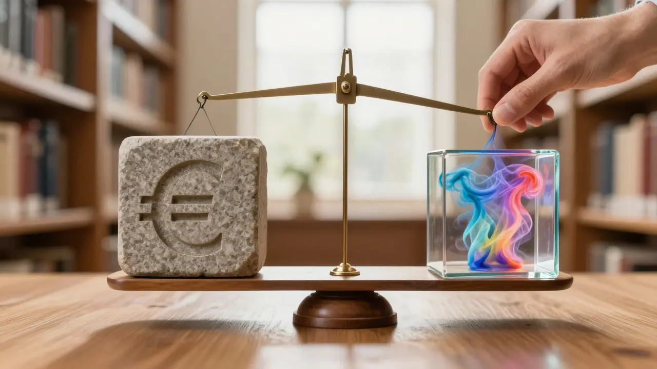 Waage zeigt Balance zwischen stabiler Währung und Risiko