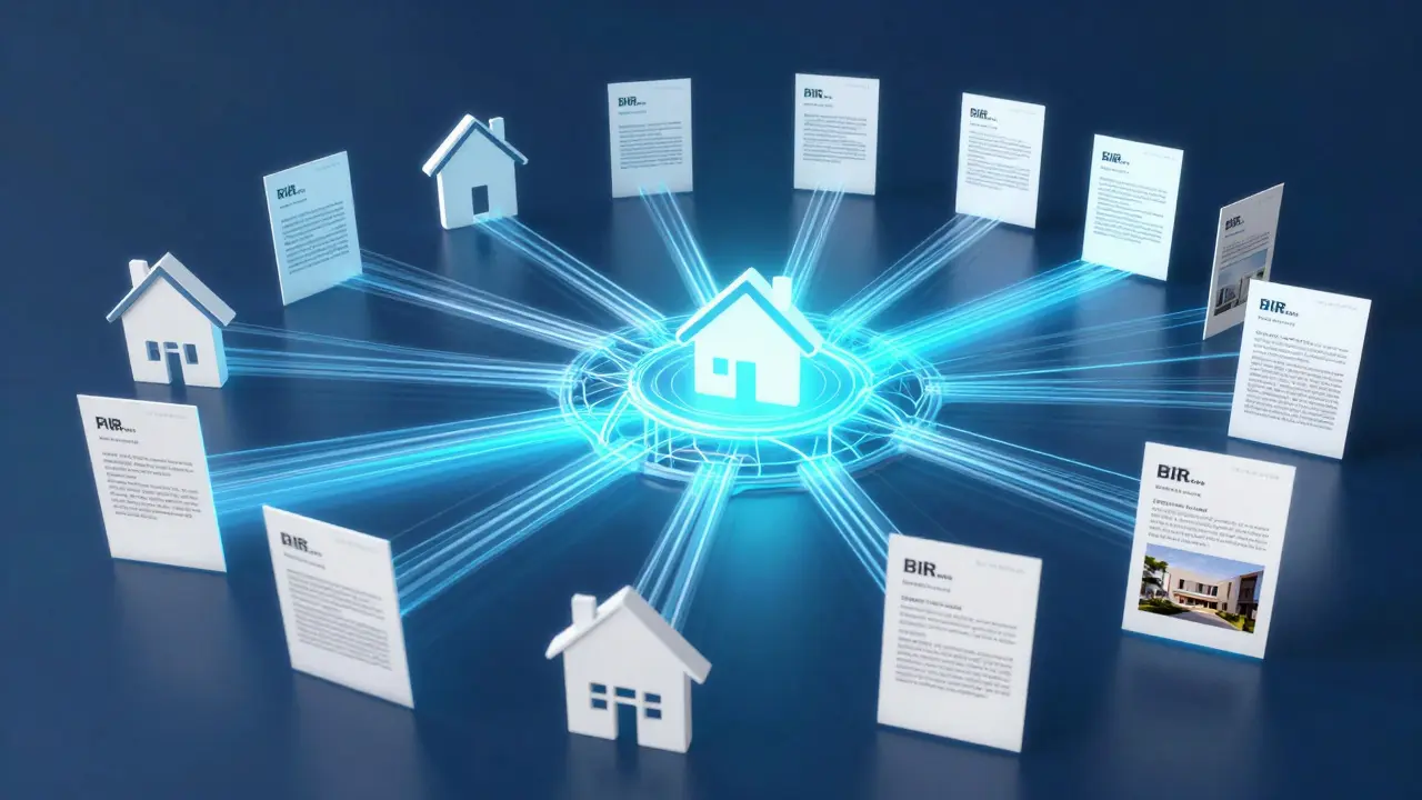 Abstrakte Darstellung von KI-Algorithmen, die Immobiliendaten in Exposés verwandeln