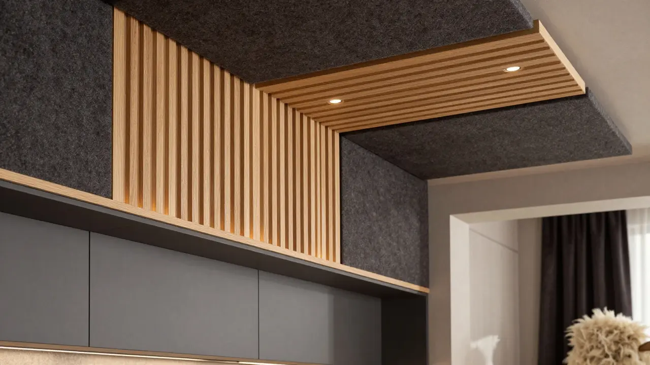 Akustikpaneele aus Holz und Filz an Decke und Wand einer modernen Küche