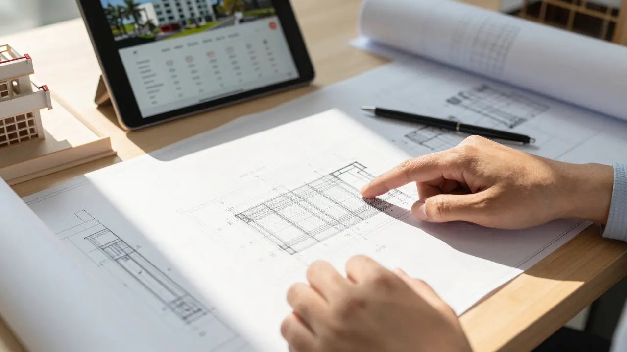 Architektenpult mit Plänen und digitalem Bauantrag
